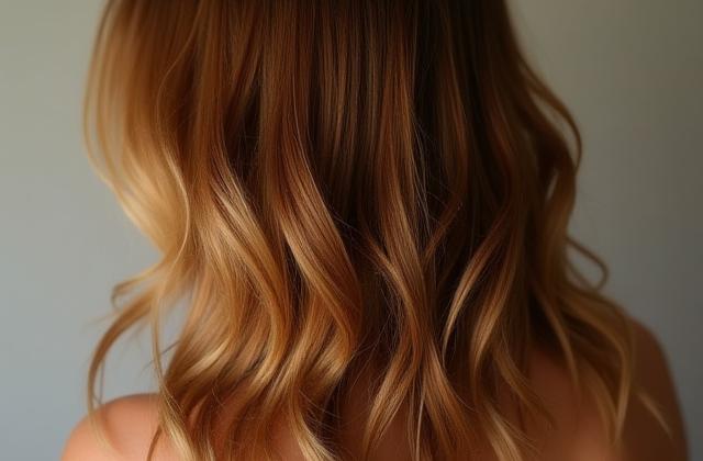 Susunan rambut balayage dengan warna coklat keemasan yang cantik