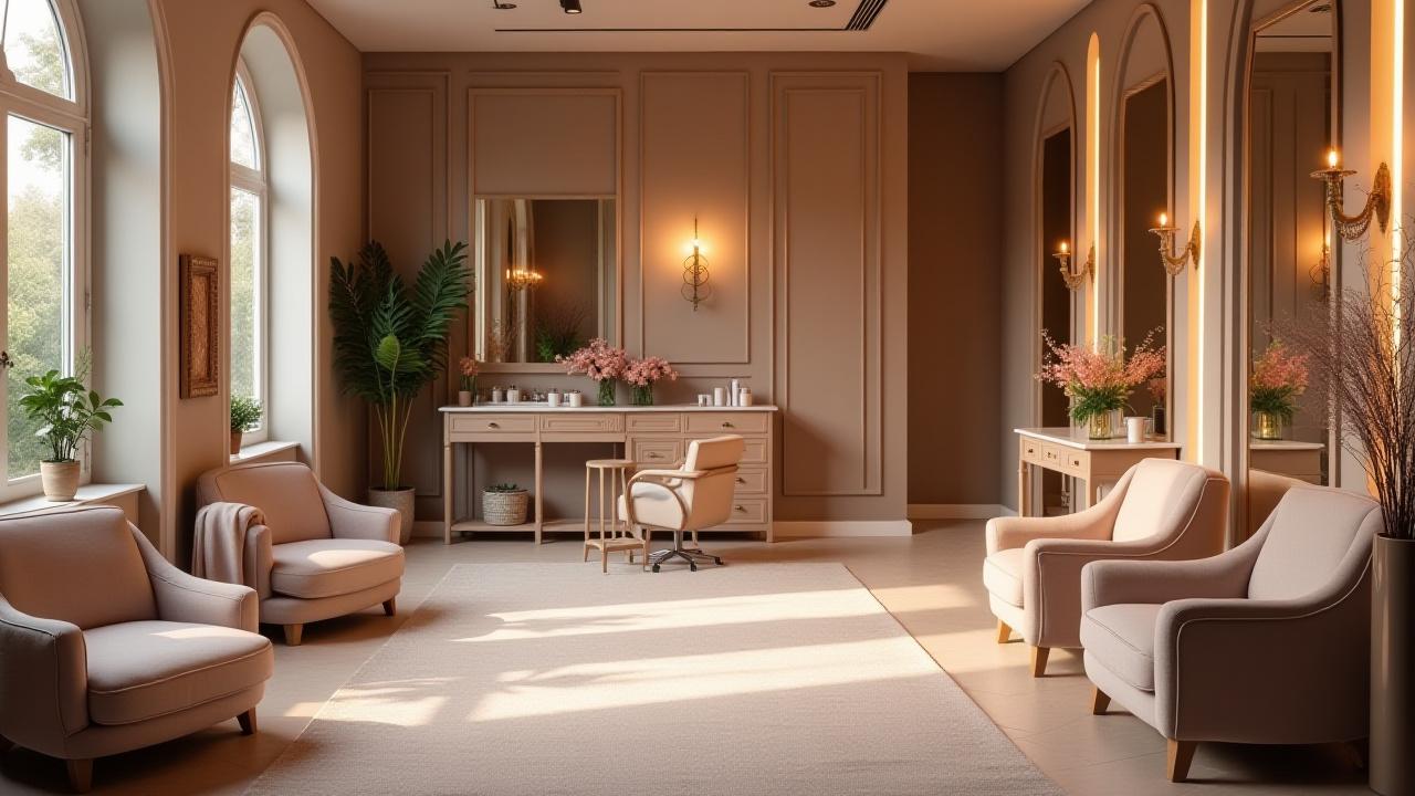 Suasana mewah salon Rentak Jelita dengan cahaya lembut dan elemen botani